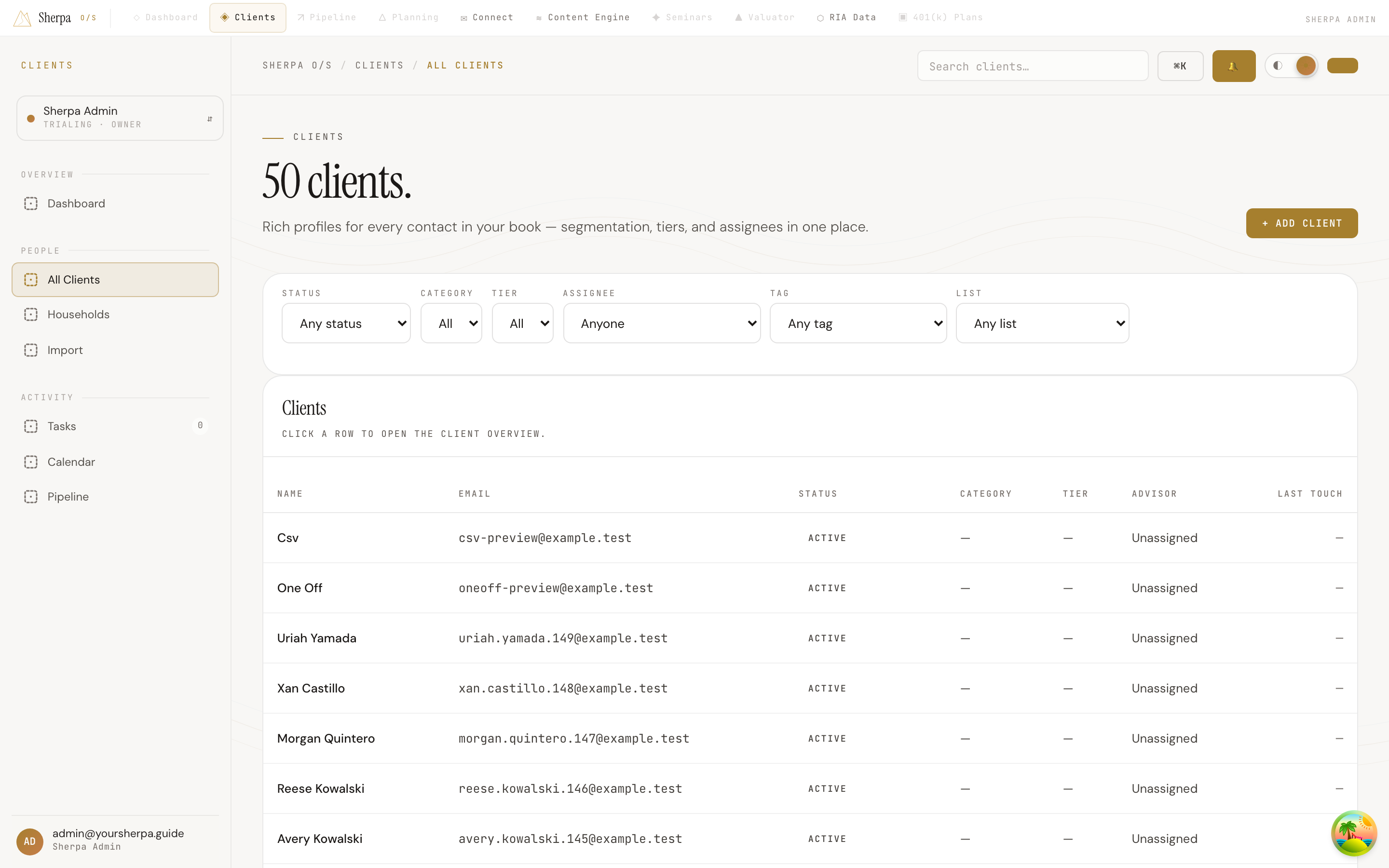 The All Clients table showing name, email, status, category, tier, advisor, and last-touch columns with filter controls above