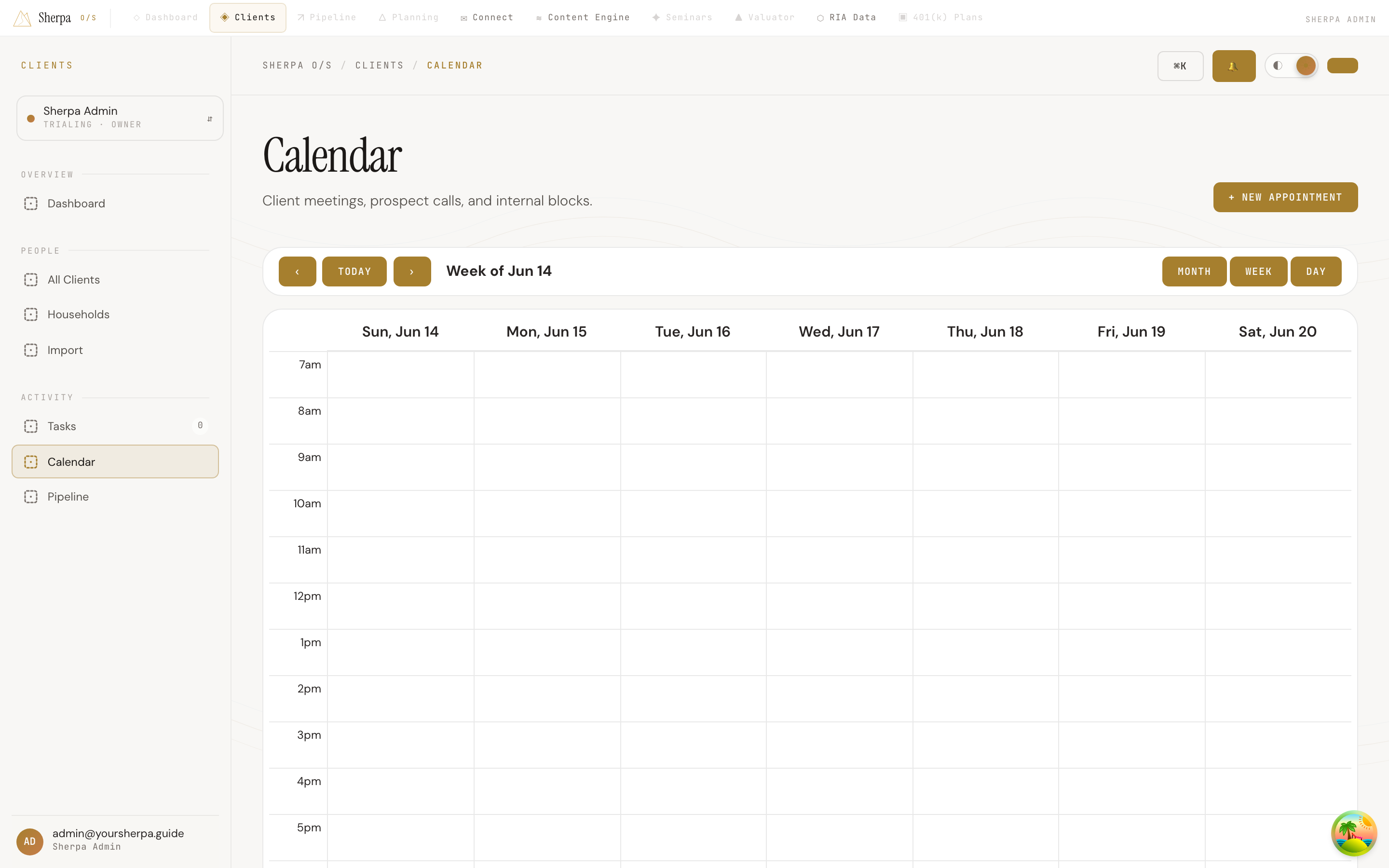 Month, week, and day calendar views showing color-coded appointment chips