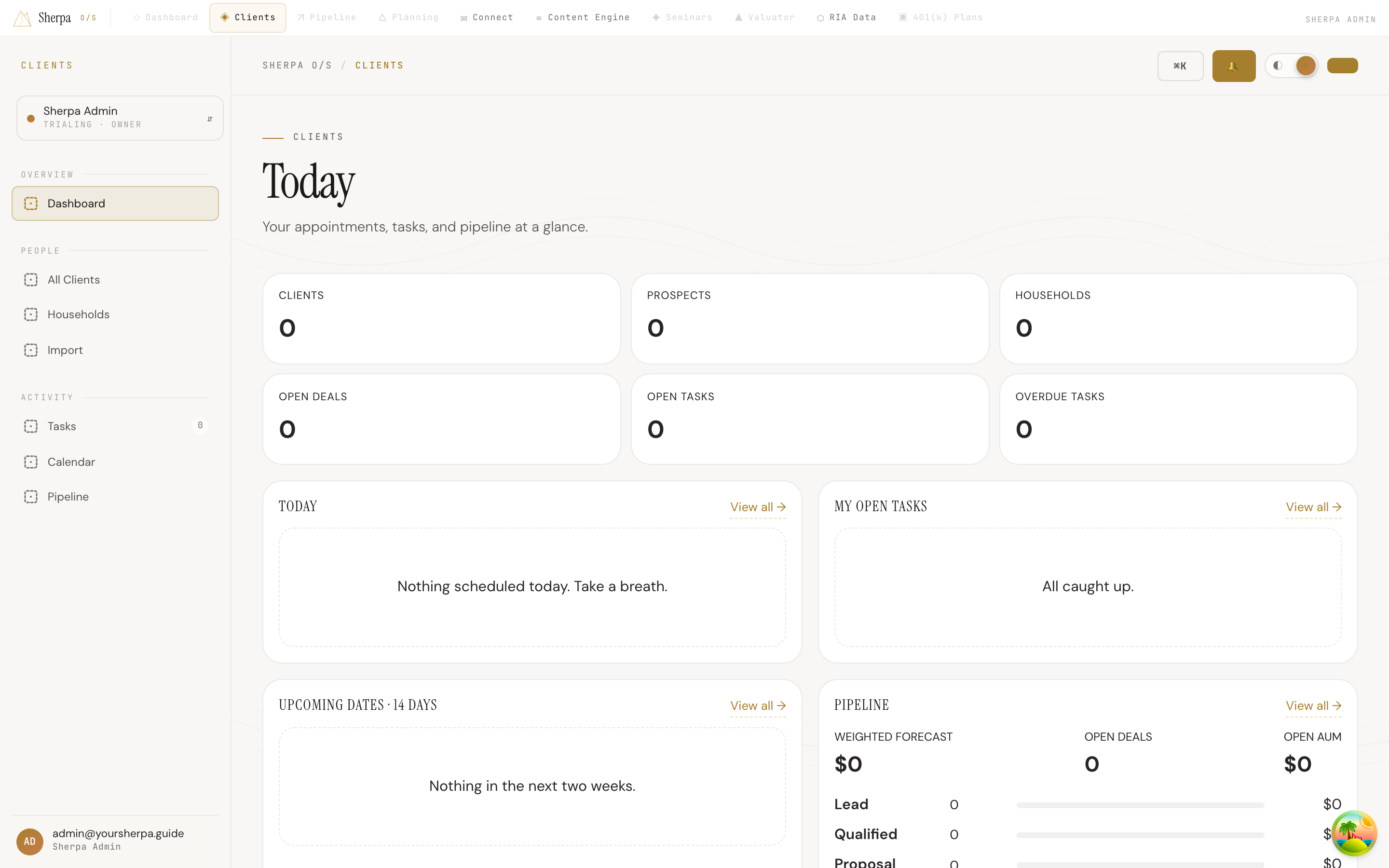Clients dashboard showing Quick Stats tiles, Today agenda, open tasks, upcoming dates, pipeline summary, and recent activity