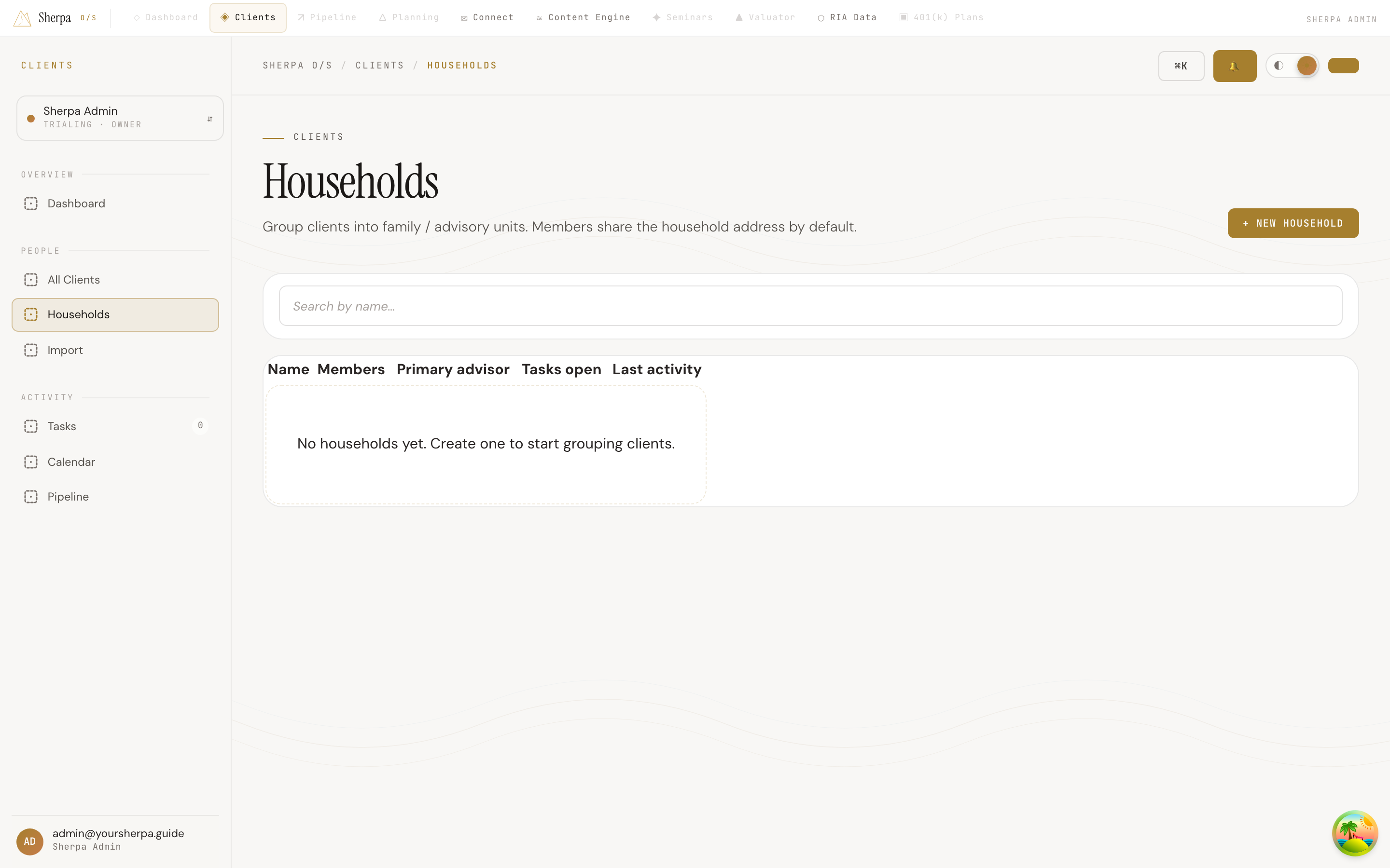 Table of households showing name, member count, primary advisor, open tasks, and last activity