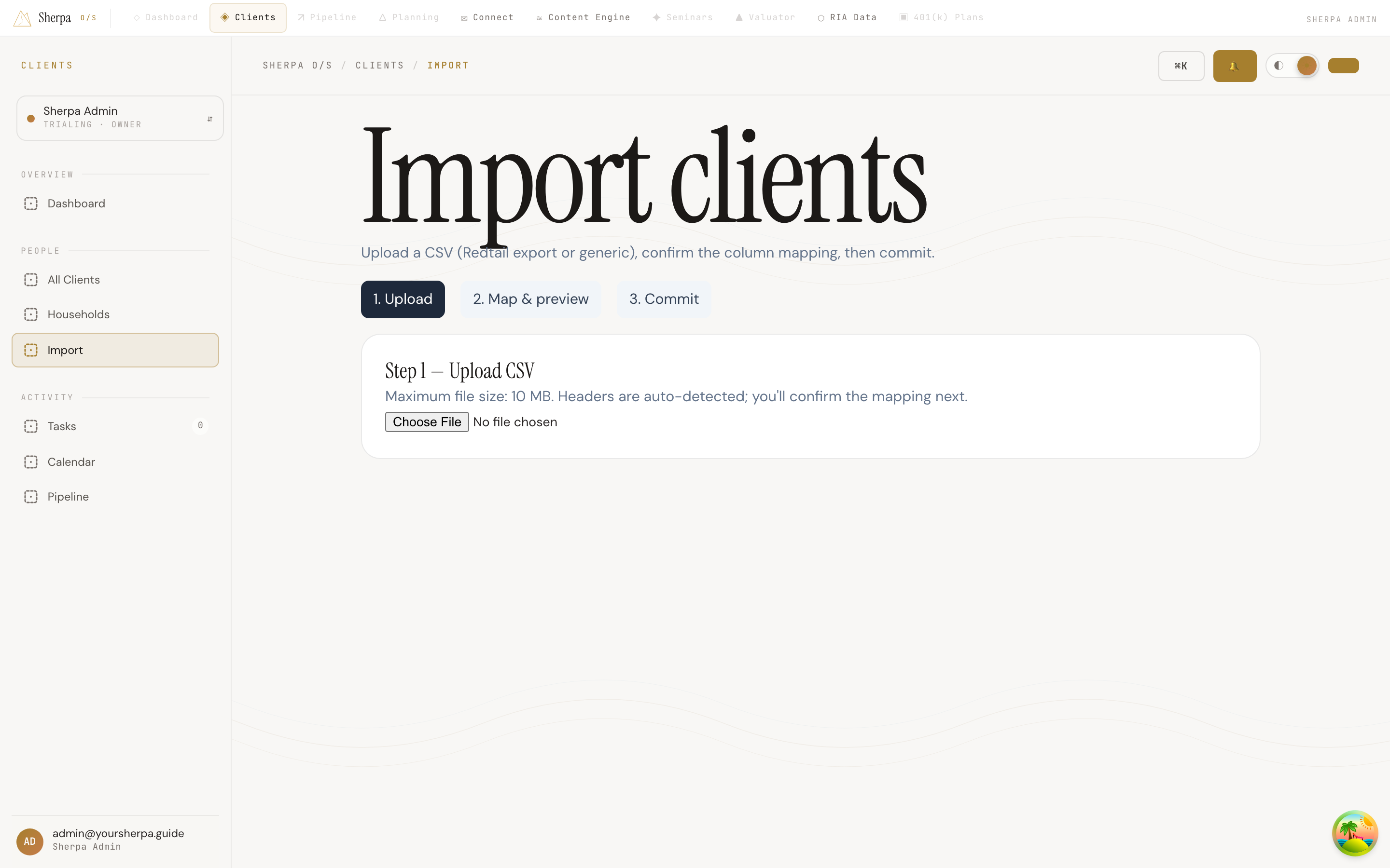 Three-step import wizard showing file upload, column mapping table, and preview totals