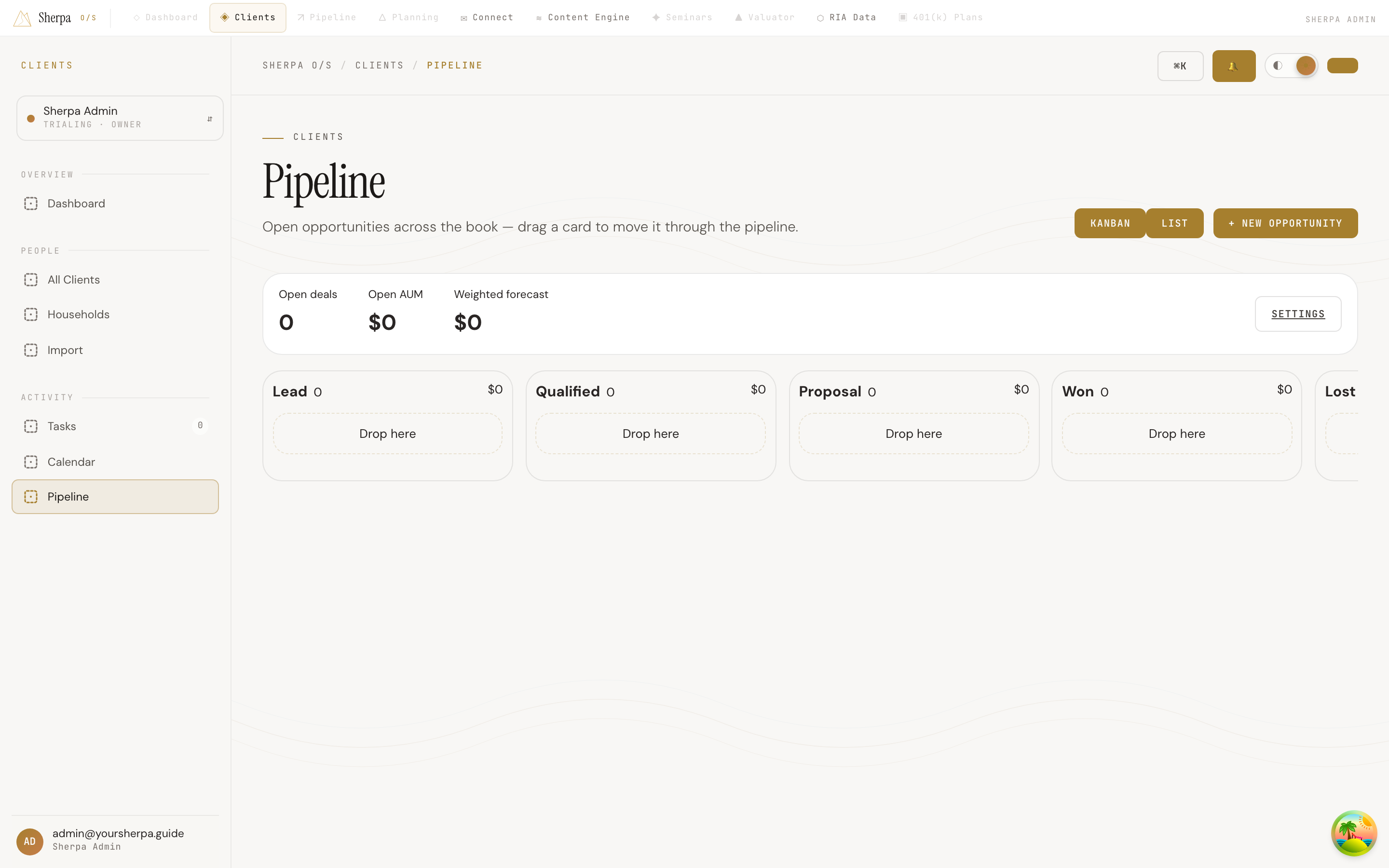 Kanban board showing pipeline stages with opportunity cards, AUM totals, and weighted forecast