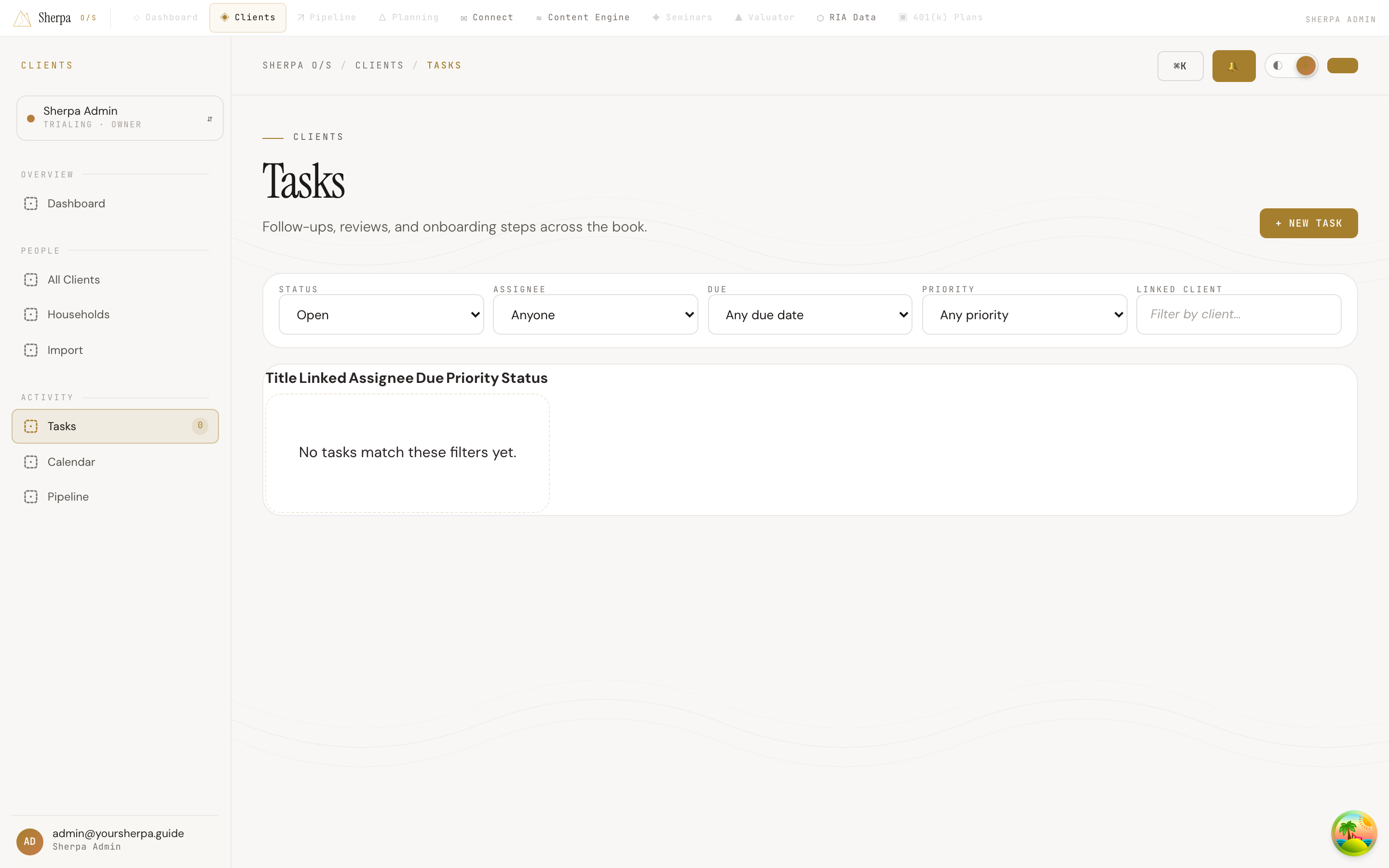 Tasks list showing open follow-ups with due date chips, priority, assignee, and linked client columns