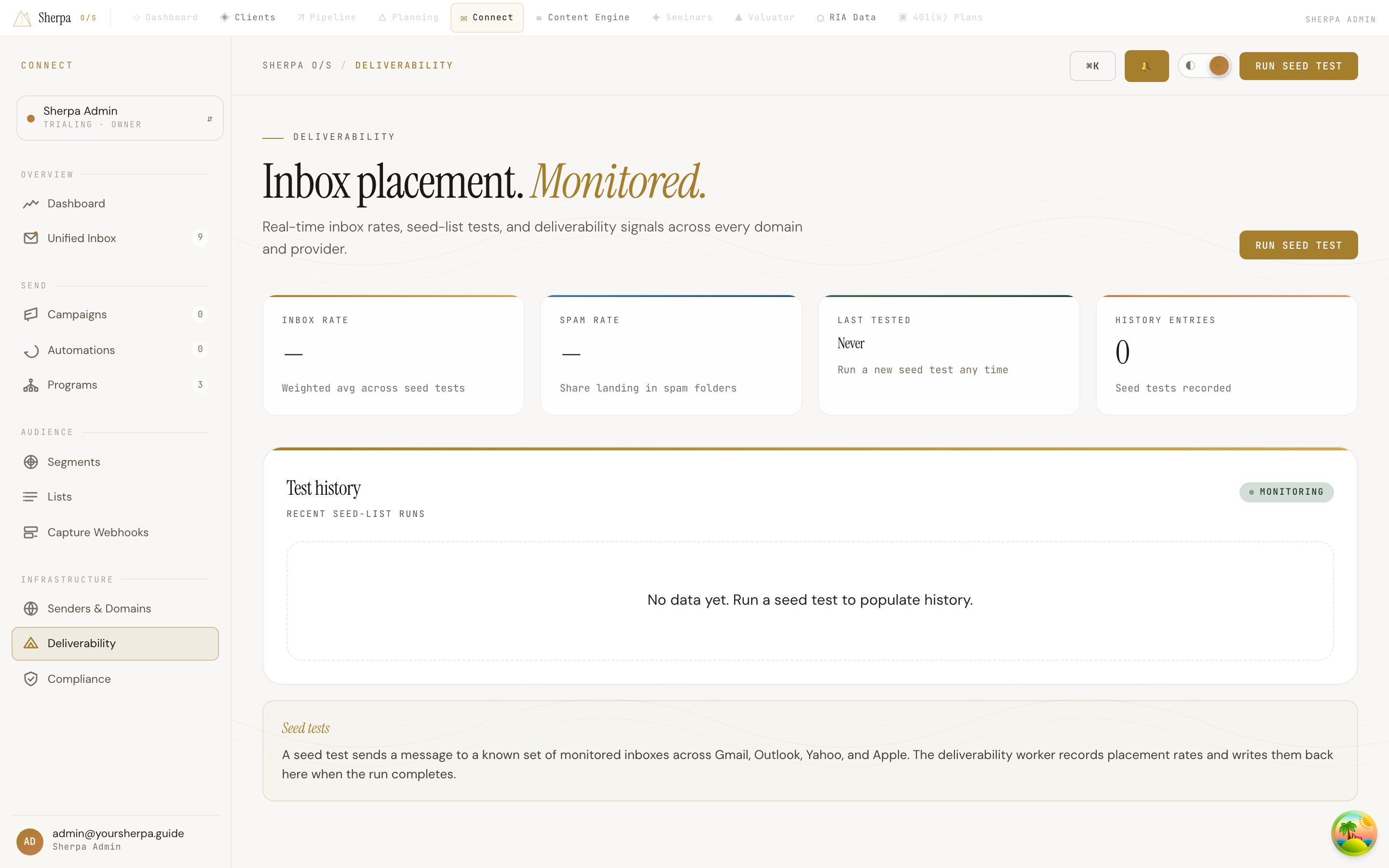 Deliverability dashboard showing inbox rate, spam rate, last tested date, and seed test history table