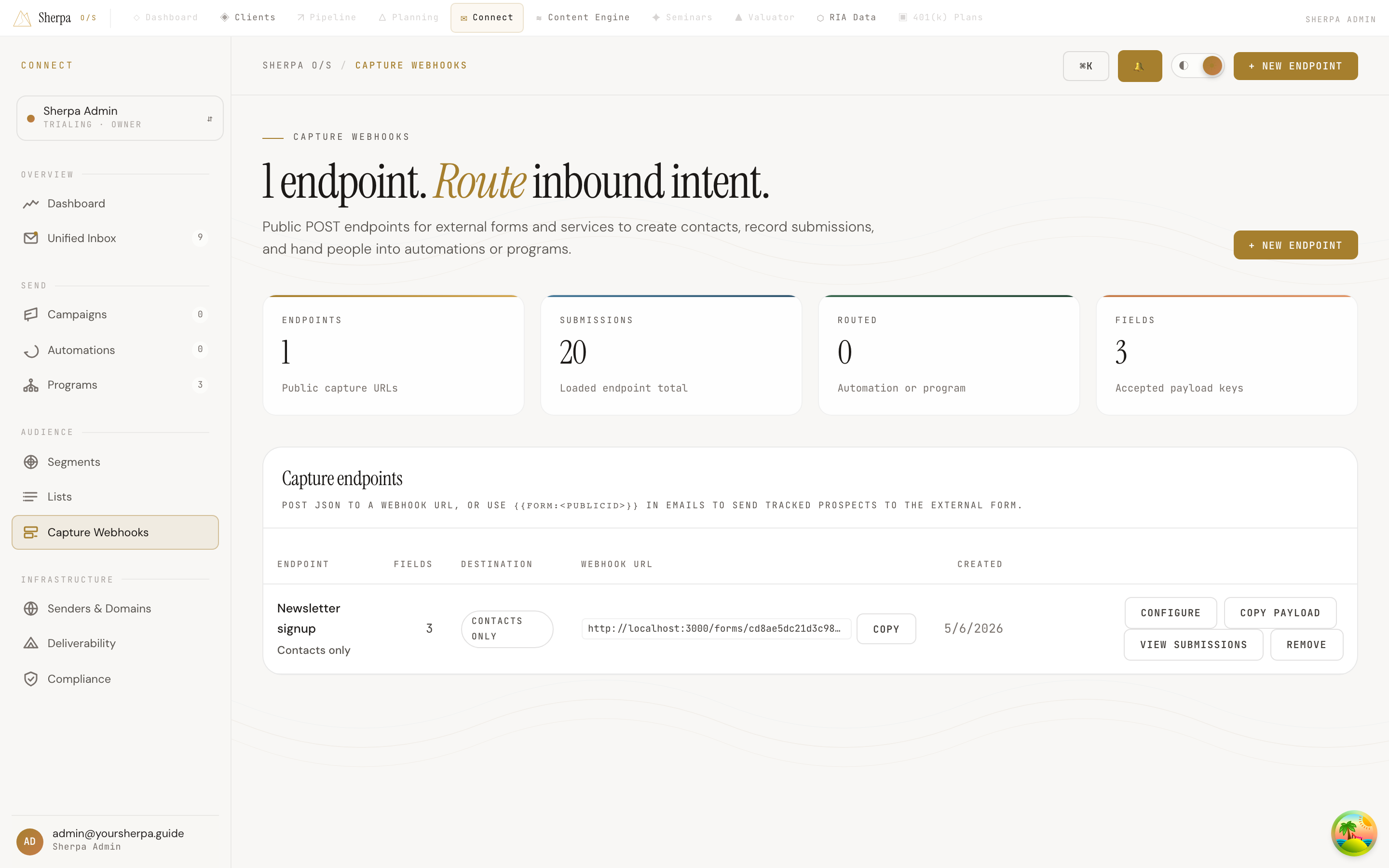 Capture Webhooks screen showing the endpoint table with columns for Endpoint, Fields, Destination, Webhook URL, and Created