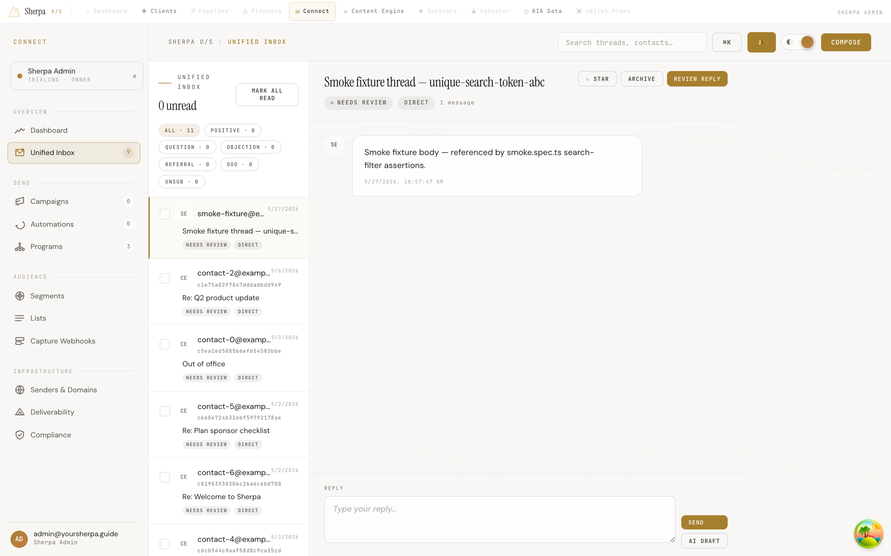 Three-column Unified Inbox showing the thread list on the left, conversation in the center, and contact card on the right