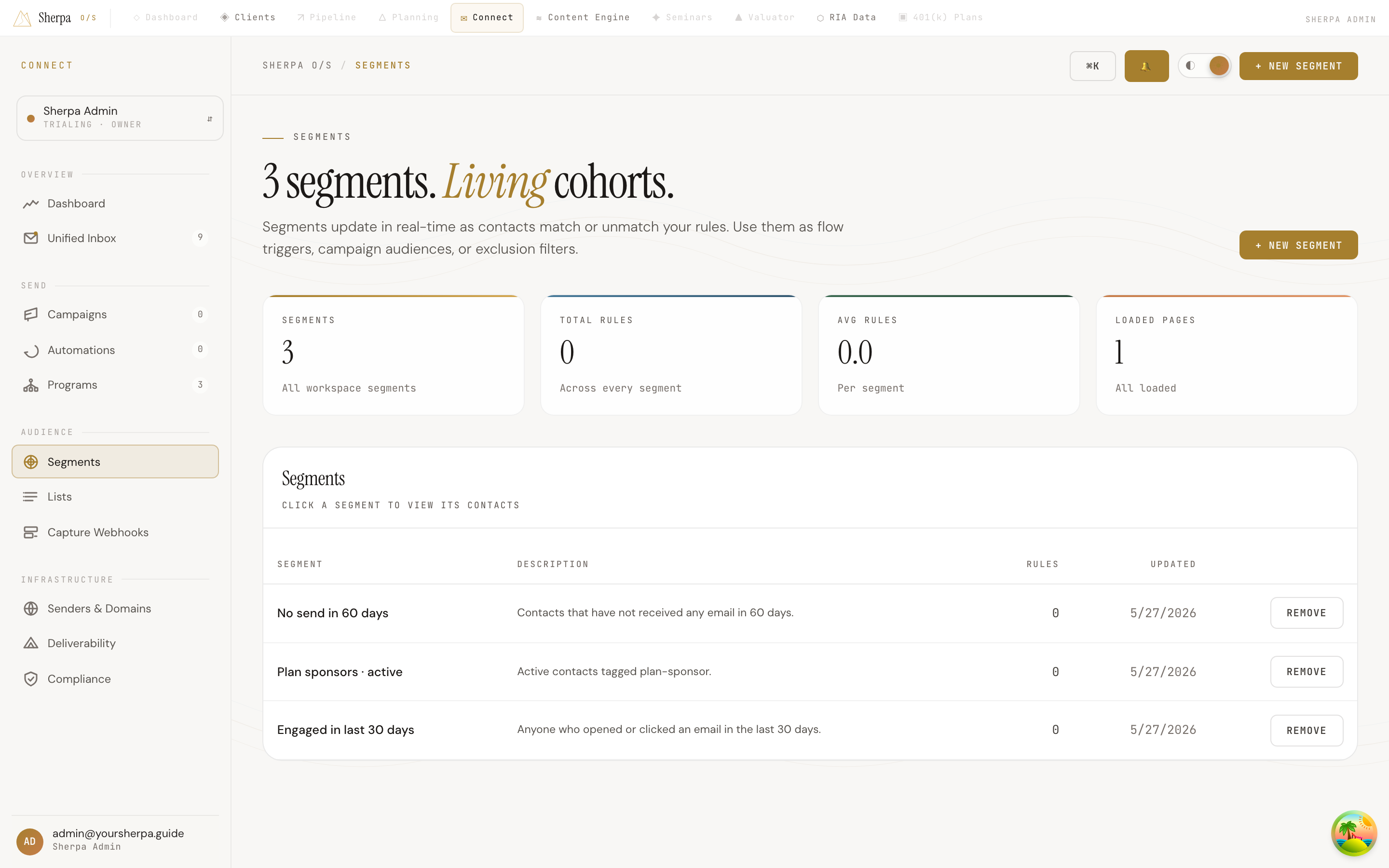 Segments page showing a table of segments with name, description, rule count, and last-updated columns alongside a contact preview panel