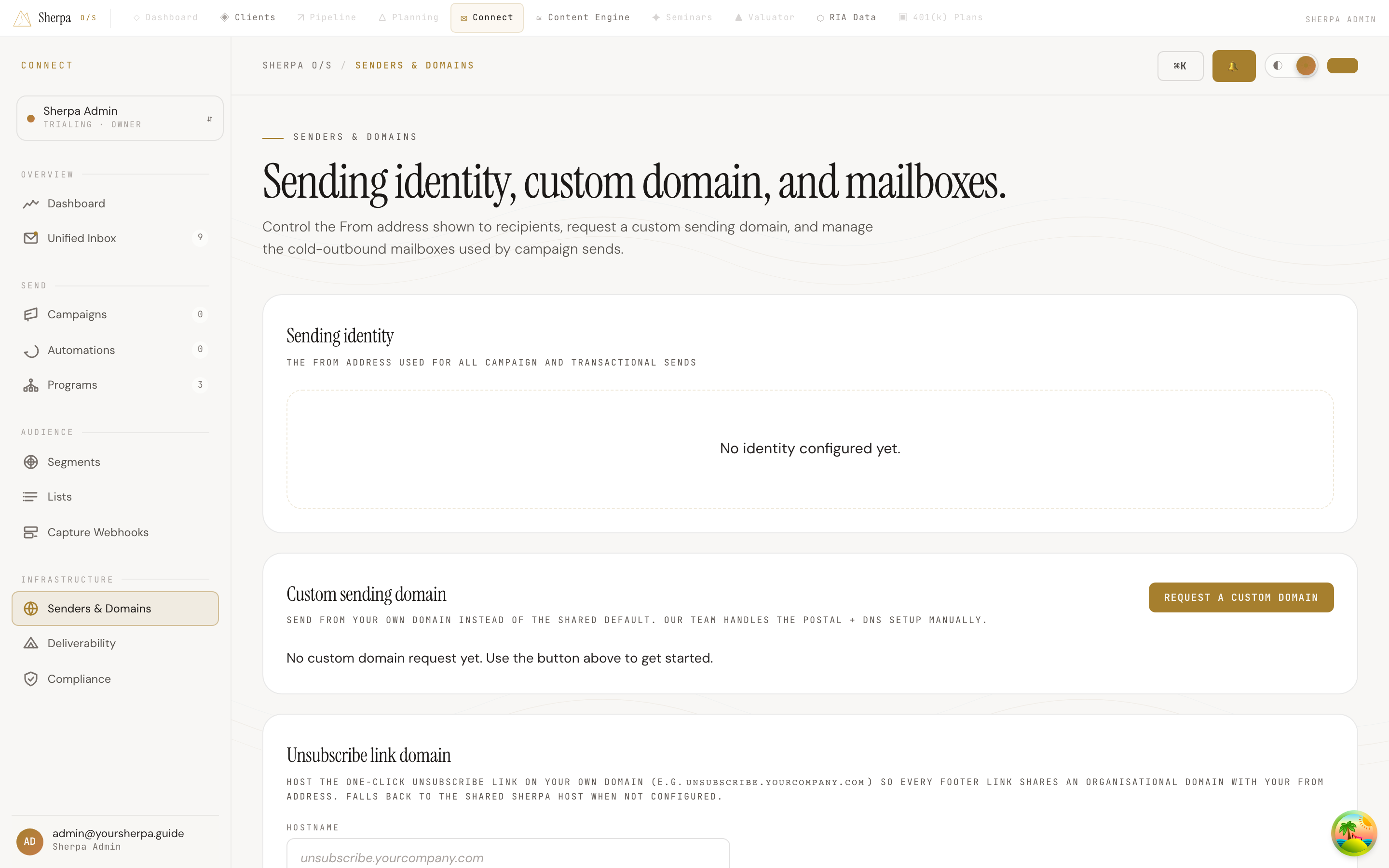 Senders & Domains screen showing sending identity, custom domain, and mailboxes panels