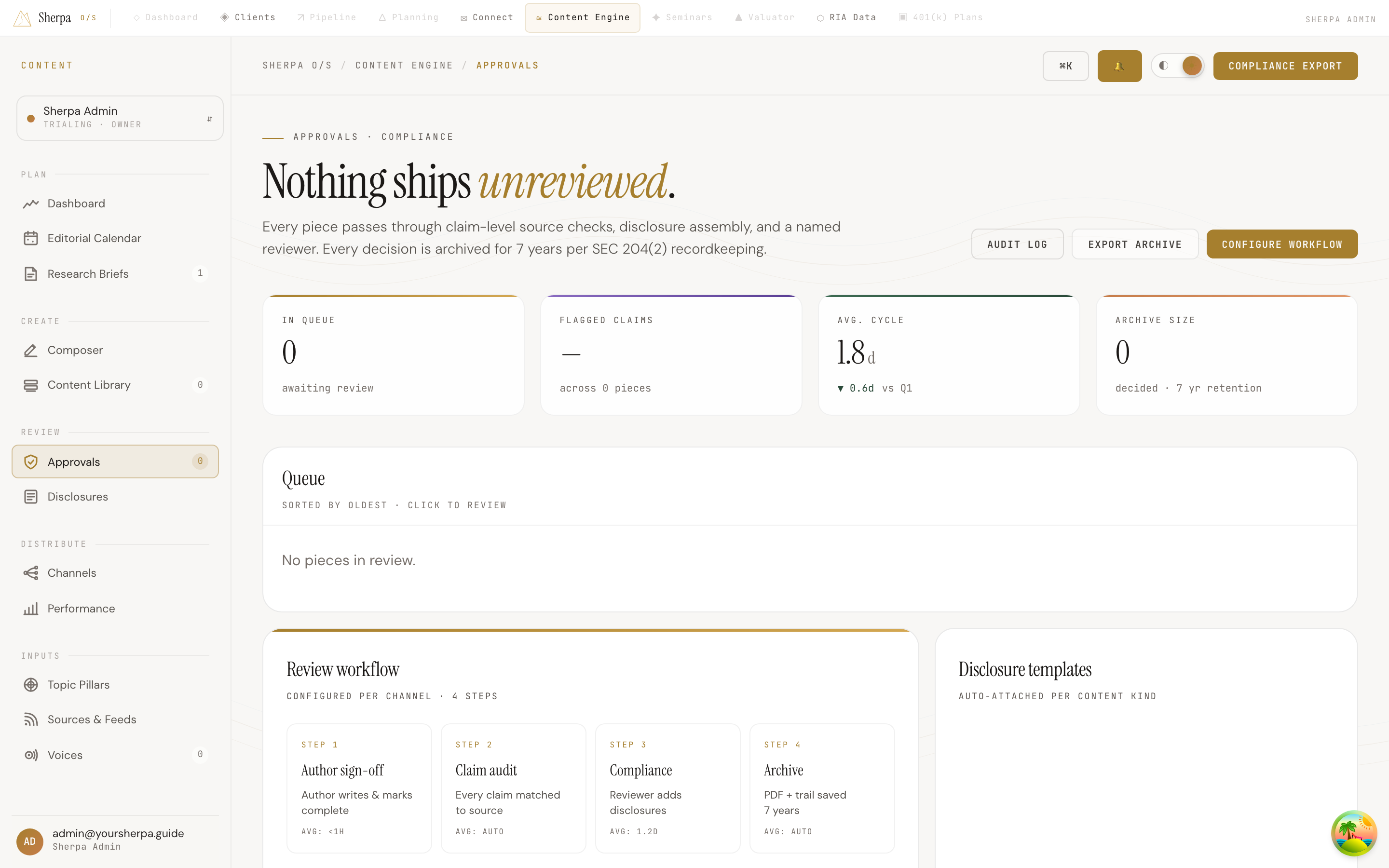 Approvals queue showing in-queue pieces, workflow steps, and disclosure templates