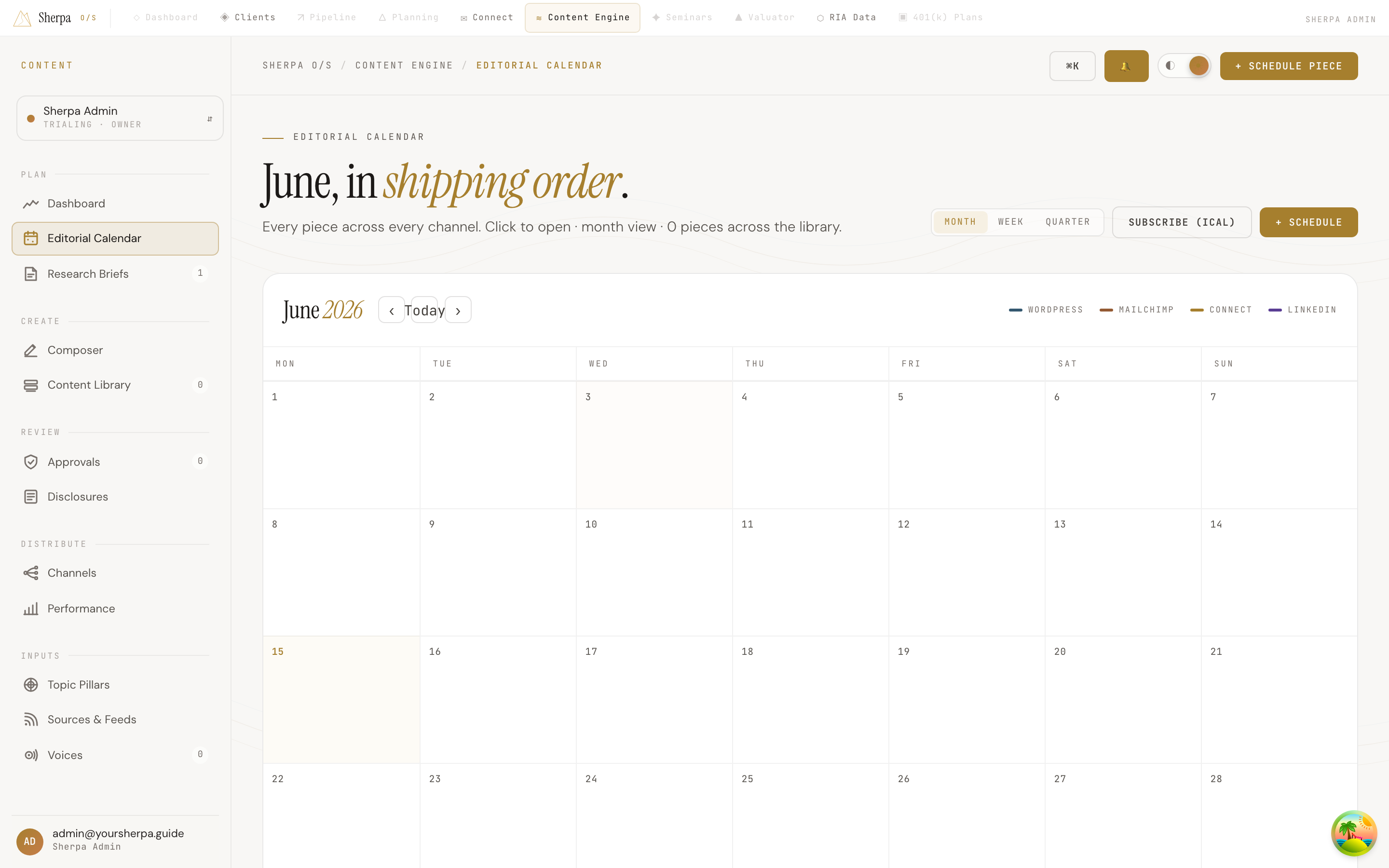 Month-view editorial calendar showing color-coded content pieces across WordPress, MailChimp, Connect, and LinkedIn channels