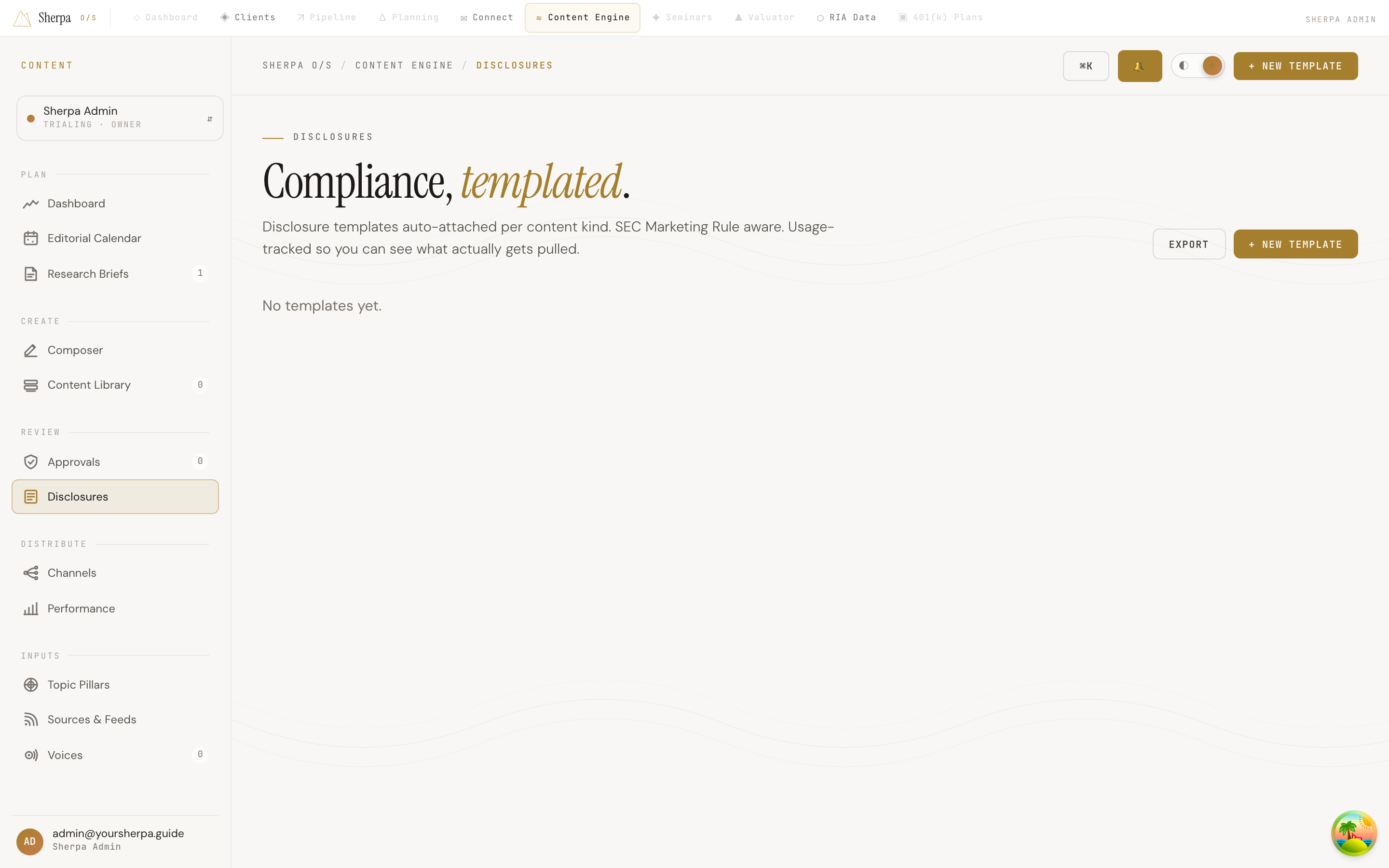 Grid of disclosure template cards showing title, applies-to label, body text, and usage count