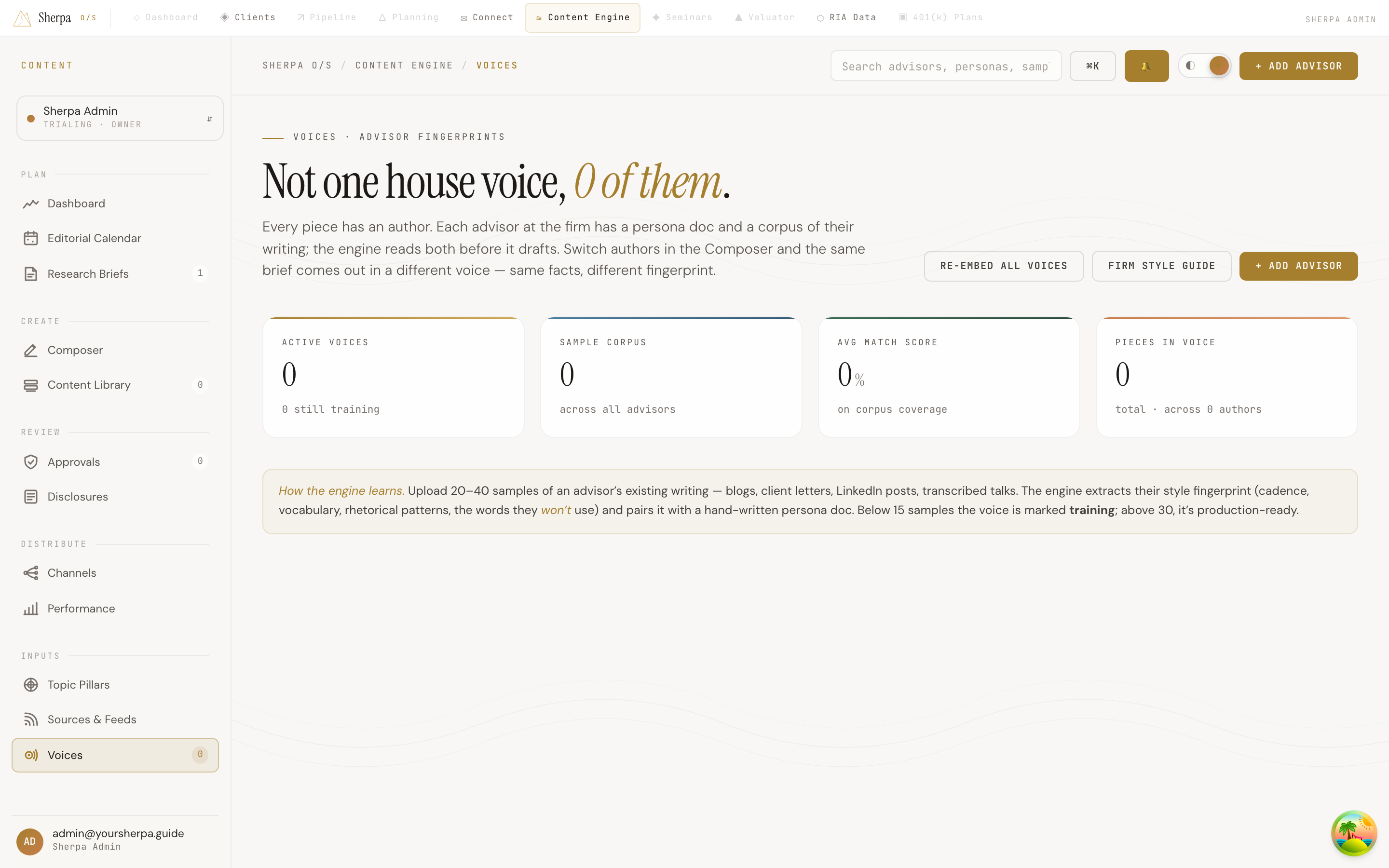 Grid of advisor voice cards showing name, status chip, tone, and style fingerprint bars