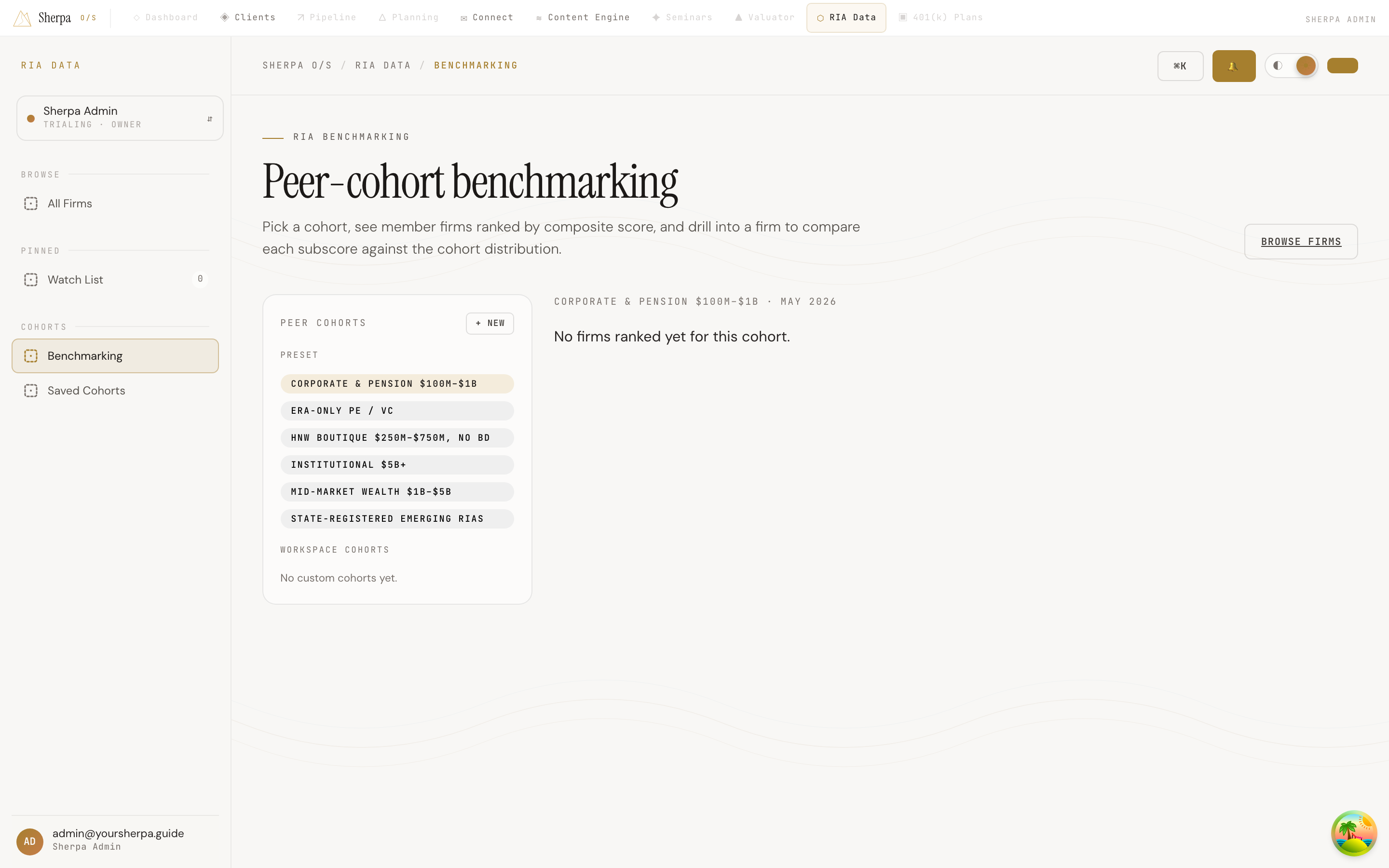 Peer-cohort benchmarking screen showing the cohort picker rail, ranked members table, and a firm scorecard with percentile distribution bars