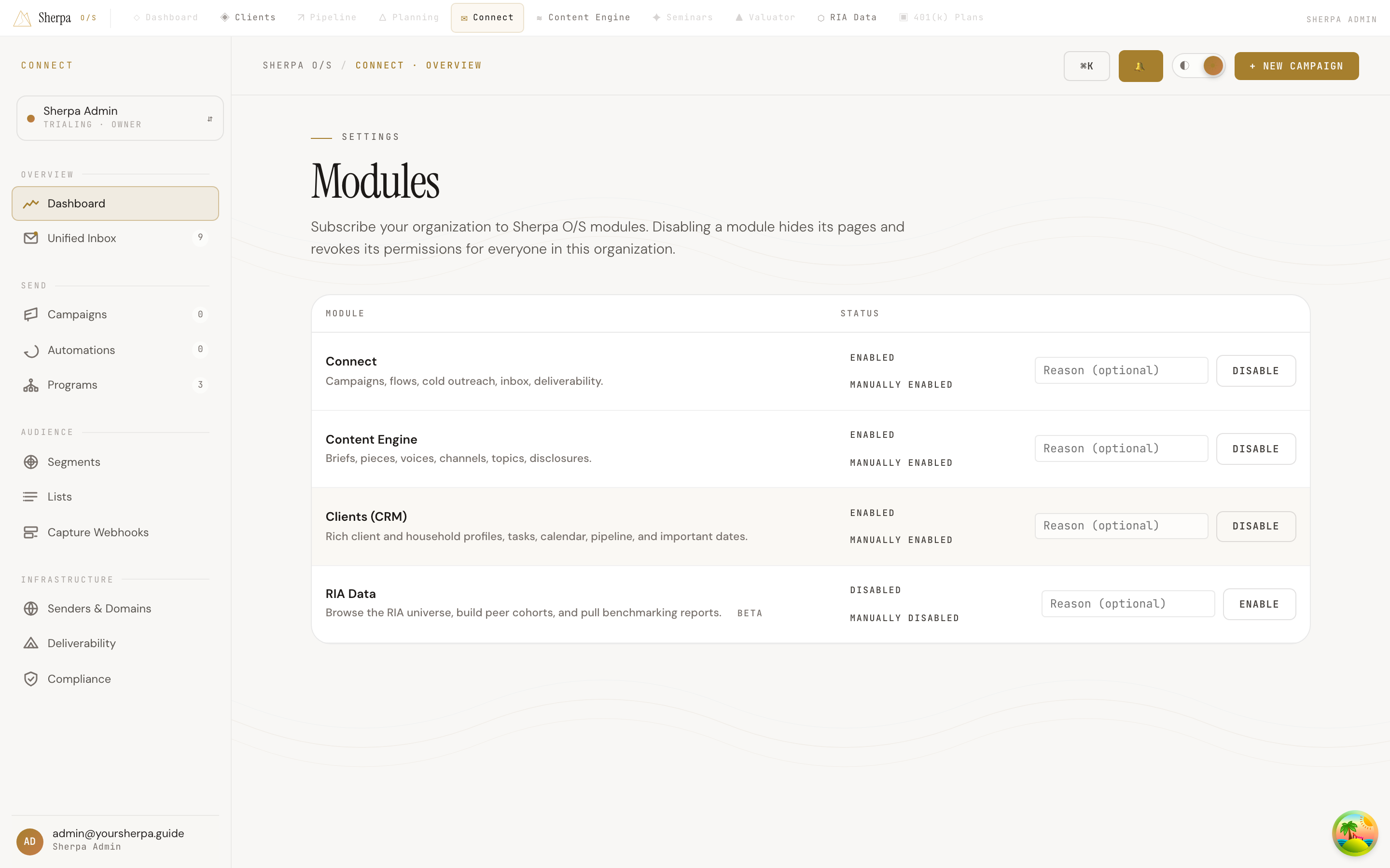 Settings → Modules page showing a table of modules with their status and enable/disable controls