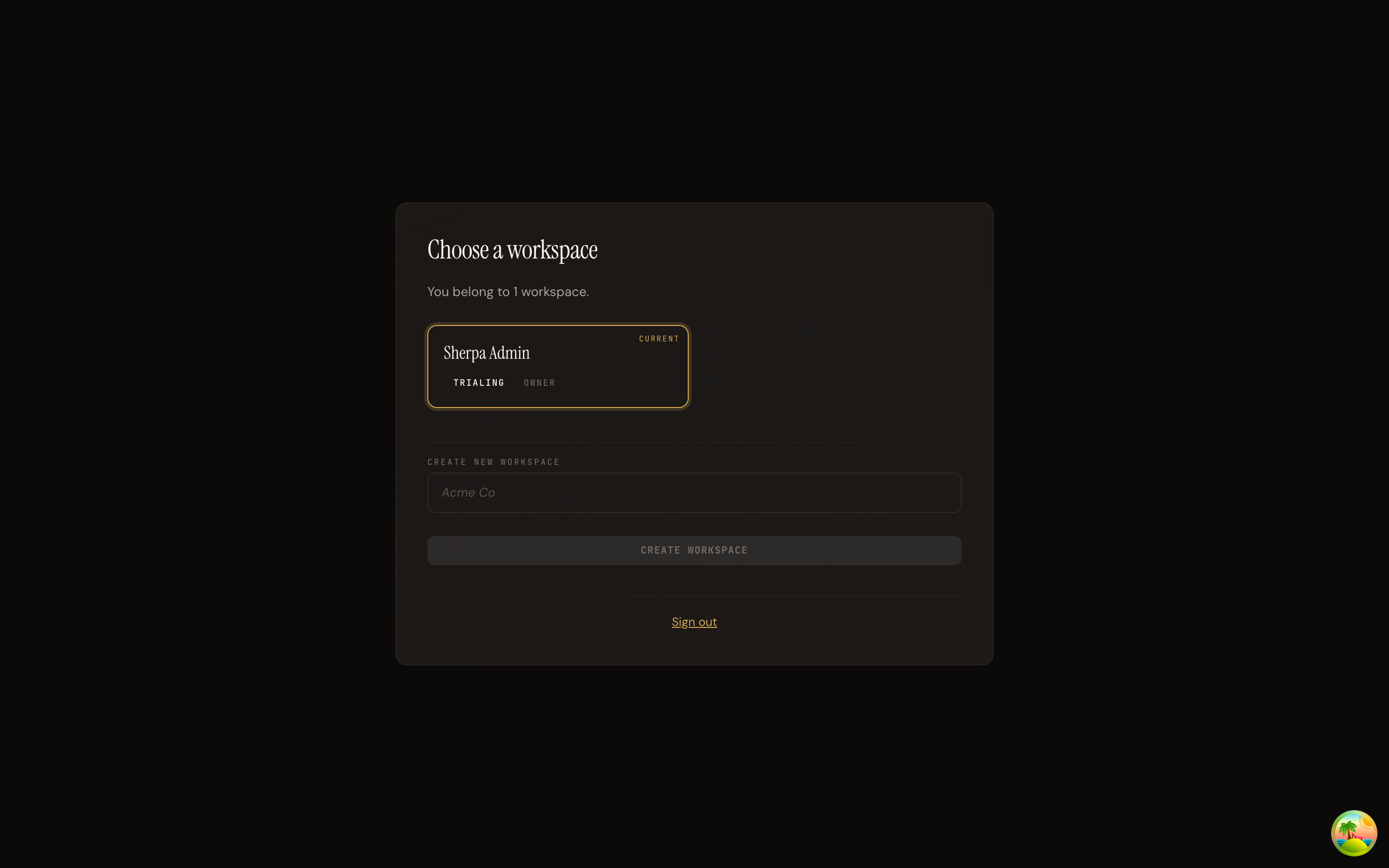 Sign-up form with fields for work email, password, and workspace name